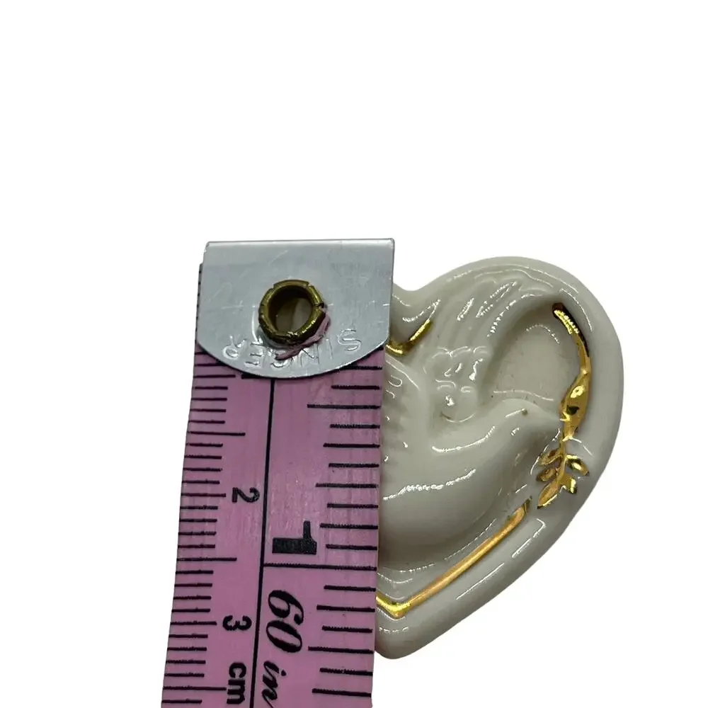Lenox Peace Dove Porcelain Heart Cream Gold Noah's Ark Ceramic Brooch Pin Women